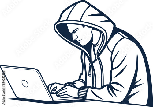 Hacker in hoodie intensely working on laptop in dark mode