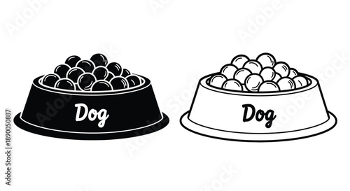 Two dog bowls filled with food a black and white illustration silhouette