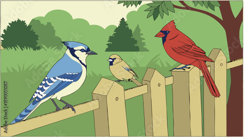 Three colorful birds perched on a rustic wooden fence in a serene natural setting