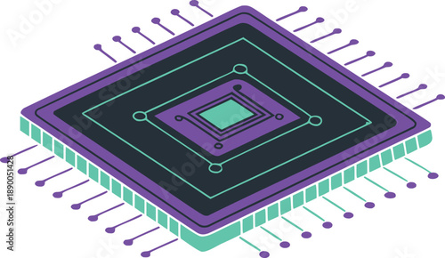 A stunning microchip with vibrant purple and teal details, representing cutting-edge tech innovation and futuristic design