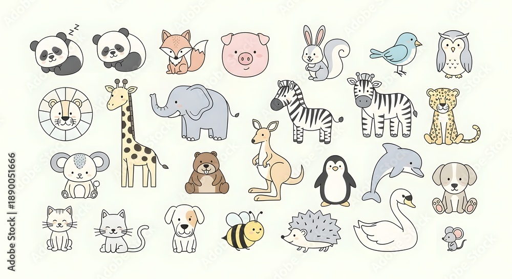 Obraz premium A comprehensive bundle of flat vector illustrations featuring various wild and domestic animals in kawaii style. Icons of elephant, zebra, kangaroo, and more, isolated on a light background for kid-fr