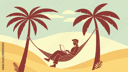 Serene beach scene with person relaxing in hammock between palm trees on sandy shore, perfect for travel and leisure concepts
