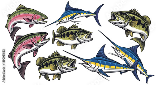 Collection of Realistic and Stylized Fish Species for Fishing and Aquatic Themes