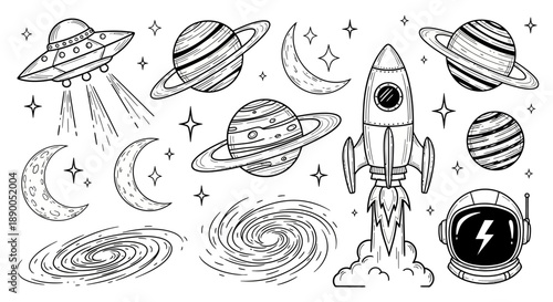 Cosmic Adventure Icons: Rocket, UFO, Planets, Galaxy, Astronaut Helmet, Moon, Stars