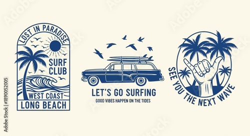 Vintage Surf Club Emblem Set: Car, Palm Trees, Waves, and Hand Gesture