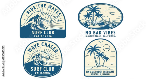 Set of Vintage Tropical Surf Club Badges with Ocean Waves and Palm Trees