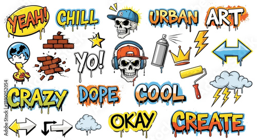 Graffiti Elements: Skulls, Words, Spray Paint, and Urban Art Icons Set