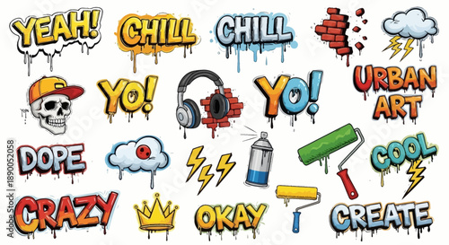 Graffiti and Street Art Elements: Cool Words, Skull, Headphones, and Paint Tools
