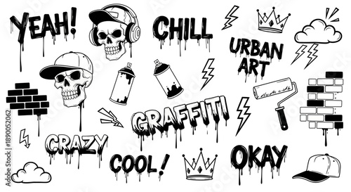 Graffiti Art Elements: Skulls, Spray Cans, Crowns, and Urban Words Collection