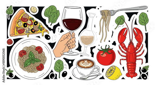 Vibrant Italian Food and Drink Vector Collection with Pizza, Pasta, Lobster, and Wine