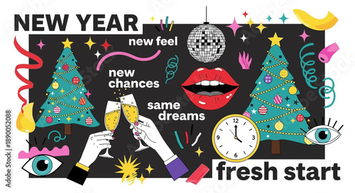 Happy New Year Celebration with Festive Elements and Wishes for a Fresh Start