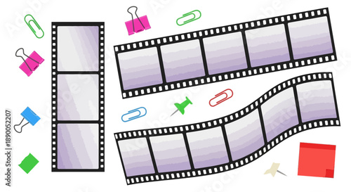 Collection of Vintage Film Strips and Supplies on a White Background