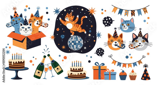 Whimsical Birthday Party Cat Illustration Set with Cakes, Champagne, and Gifts
