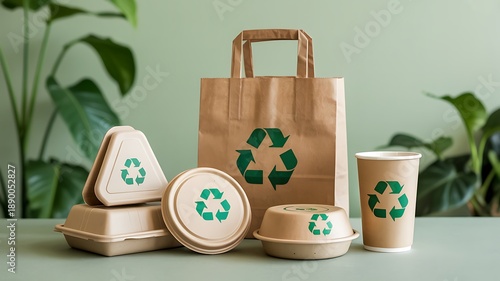 Eco-friendly disposable tableware setup with recyclable packaging and green recycle symbol on a light green background