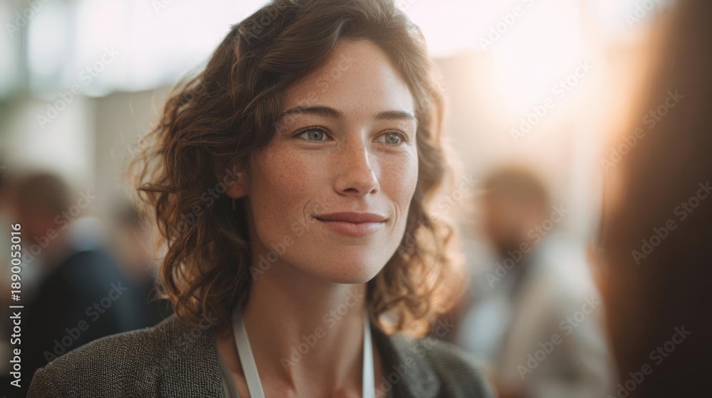 Fototapeta premium Close-up portrait of a young woman with shoulder-length curly hair. she is looking directly at the camera with a slight smile on her face.