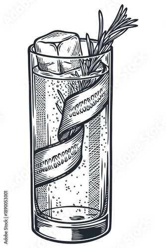 Classic gin and tonic cocktail with cucumber and rosemary. Vector illustration in a vintage engraving style for a bar menu or recipe design.