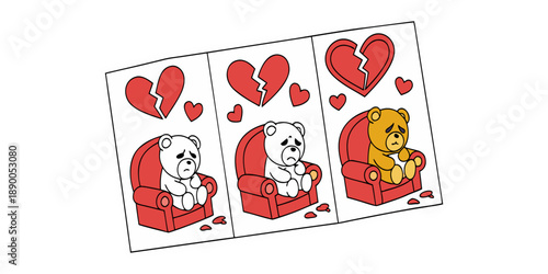 Sad Teddy Bears Holding Broken Hearts in Armchairs – Heartbreak Illustration