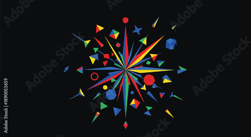 Colorful abstract starburst explosion of geometric shapes and lines on a black background