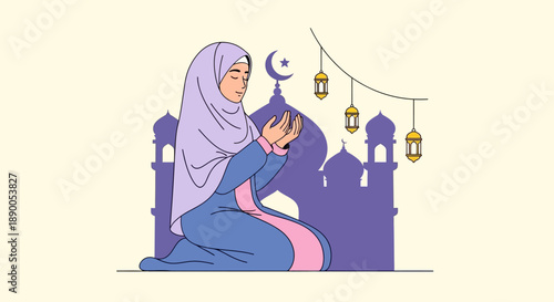 Woman in prayer attire kneeling before mosque illustration during crescent moon night