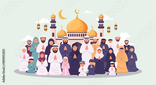 Diverse group of people gathered in front of a mosque during a religious event, celebrating together in a festive atmosphere