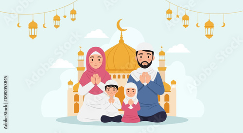 Family praying together in front of mosque illustration during celebration event