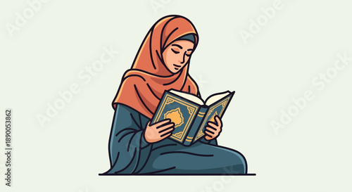 Woman in hijab reading a book, sitting serenely, with focused expression, surrounded by simplicity, from a straightforward viewpoint Whisk_1bd568f7f0a2861a7234c525f257db5fdr.eps