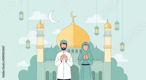 Couple Praying in Front of a Mosque with Lanterns and Crescent Moon