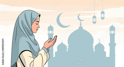 Woman in hijab praying under crescent moon with mosque silhouette in the background