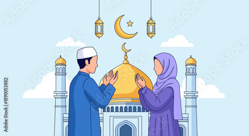 Couple praying together in front of a mosque with a crescent moon and lanterns hanging above during a serene religious event