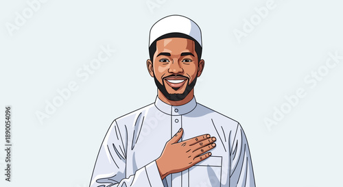 Smiling man in traditional attire standing with hand on chest in a serene environment viewed from the front