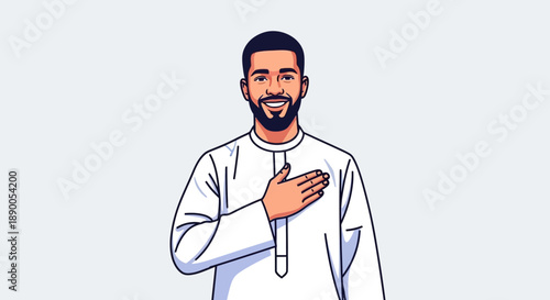 Man standing with hand on heart in white attire, digital illustration