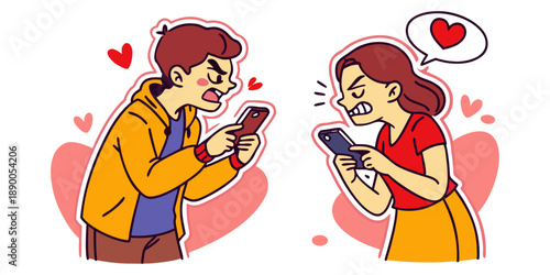 Angry Couple Fighting Over Phones – Relationship Conflict Illustration.