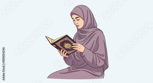 Illustration of a woman reading a sacred book in a serene environment