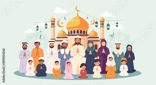 Diverse community gathering in front of mosque during Eid celebration