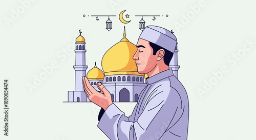 Man Praying in Front of Mosque Illustration with Crescent Moon and Dome, Serene Spiritual Scene, Vector Art