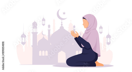 Woman in contemplative prayer pose surrounded by mosque architecture illustration