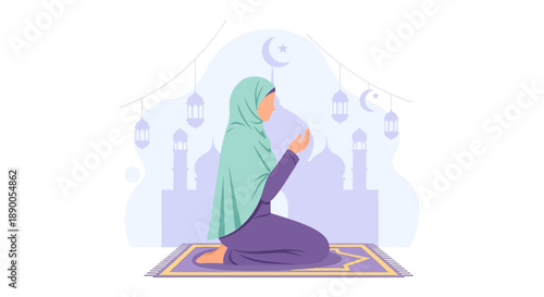 Woman praying serenely on a prayer mat in a peaceful mosque environment viewed from behind