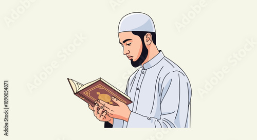 Man reading religious scripture in contemplative pose, illustration, side view