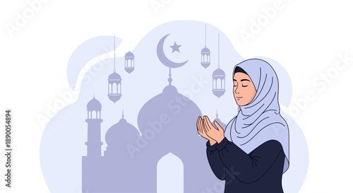 A serene Muslim woman praying in front of a mosque with lanterns and crescent moon, Whisk illustration