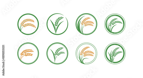 Collection of eight circular rice or wheat emblem designs featuring stalks of grain for agricultural branding and labels.