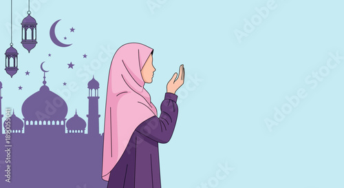 Woman in hijab praying during Ramadan under crescent moon and stars with mosque silhouette in background vector illustration