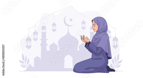 Woman kneeling in prayer at mosque with crescent moon and lanterns