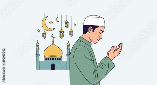Man Praying in Front of Mosque with Crescent Moon and Stars in Night Sky Illustration