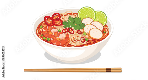 Delicious bowl of spicy Thai noodle soup with large shrimp, lime slices, and fresh cilantro garnish on white background.