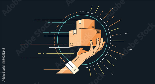 Stylized graphic of a hand holding cardboard boxes with motion lines representing fast shipping and delivery services.