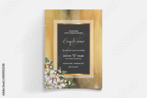 WEDDING INVITATION FRAME WITH FLOWER DECORATIONS AND FRESH LEAVES