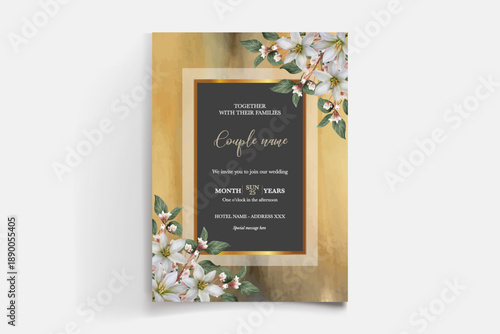 WEDDING INVITATION FRAME WITH FLOWER DECORATIONS AND FRESH LEAVES