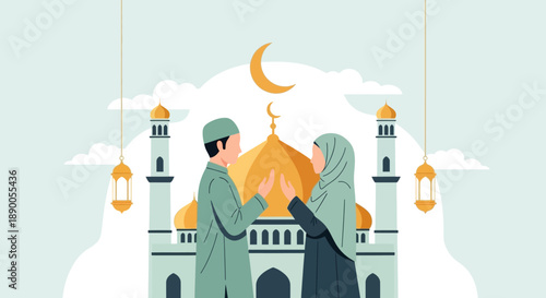 Couple Standing Together in Front of a Mosque with Crescent Moon, Illustration
