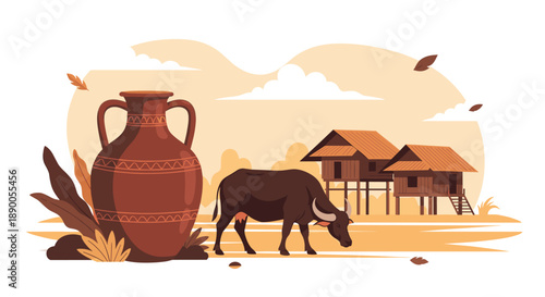 Peaceful rural landscape featuring a water buffalo grazing near traditional stilt houses and a large ceramic jar.