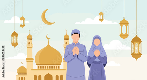 Couple Praying Together in Front of a Mosque with Lanterns and Crescent Moon